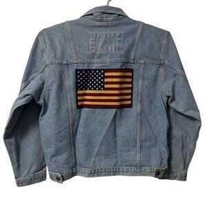 Vintage 90s Brindar Patriotic Denim Trucker Jacket with American Flag | Size L